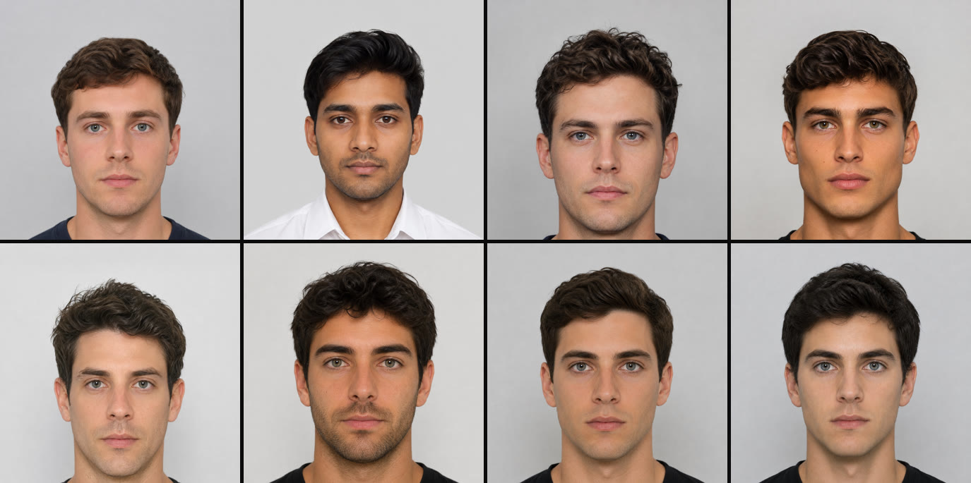 Eight passport-style portraits generated in one pass.