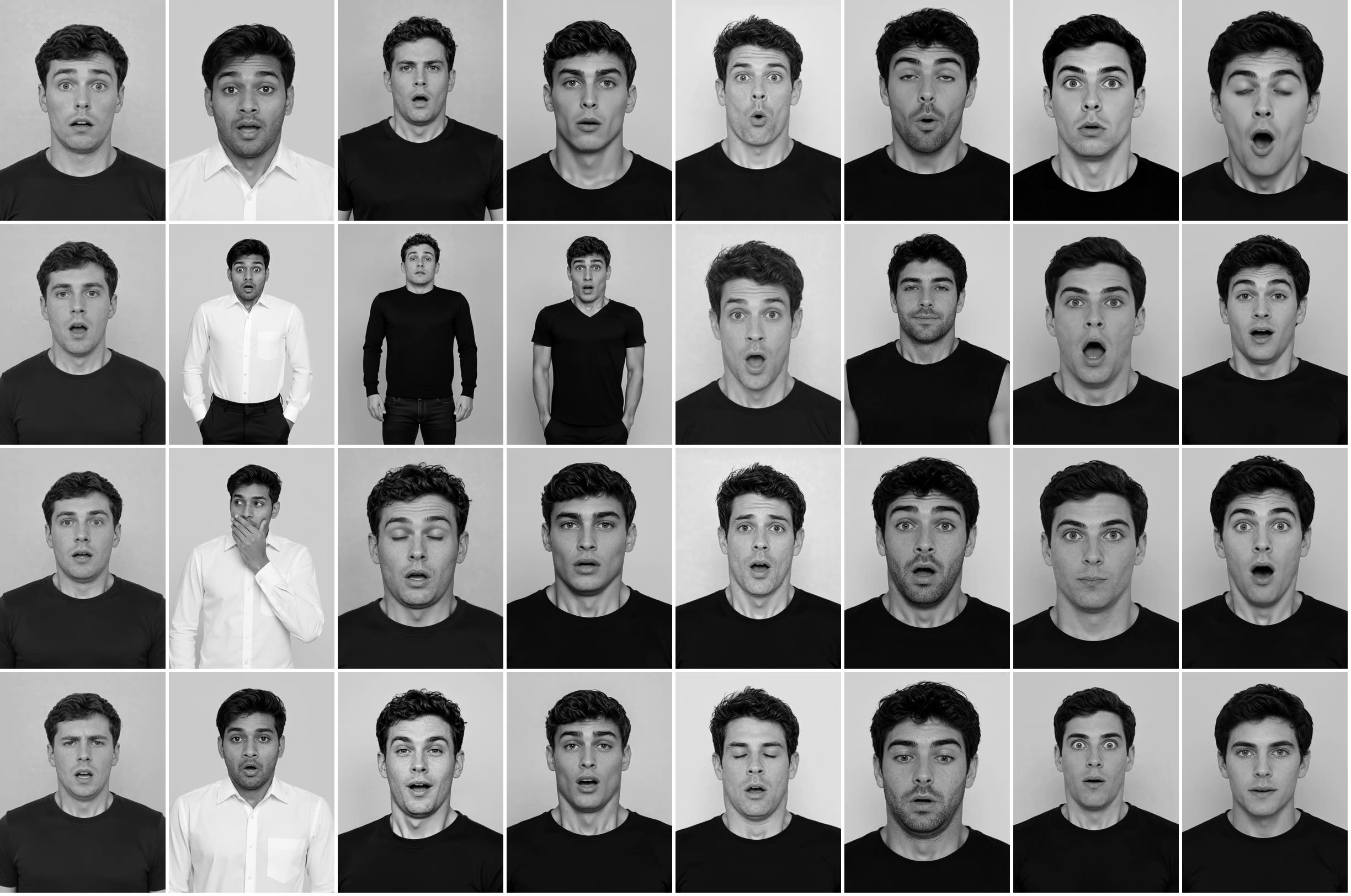 Thirty-two faces in four rows, all with the same open mouth.