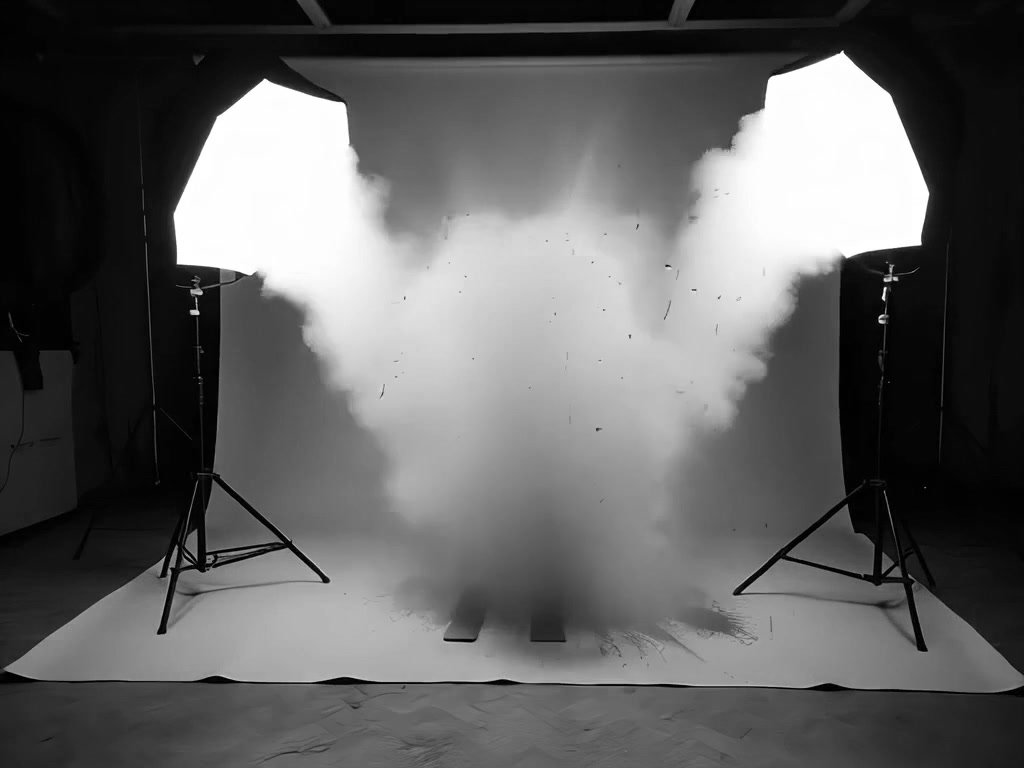 An empty photographic studio: white paper roll, two softboxes, dust hanging in the light.