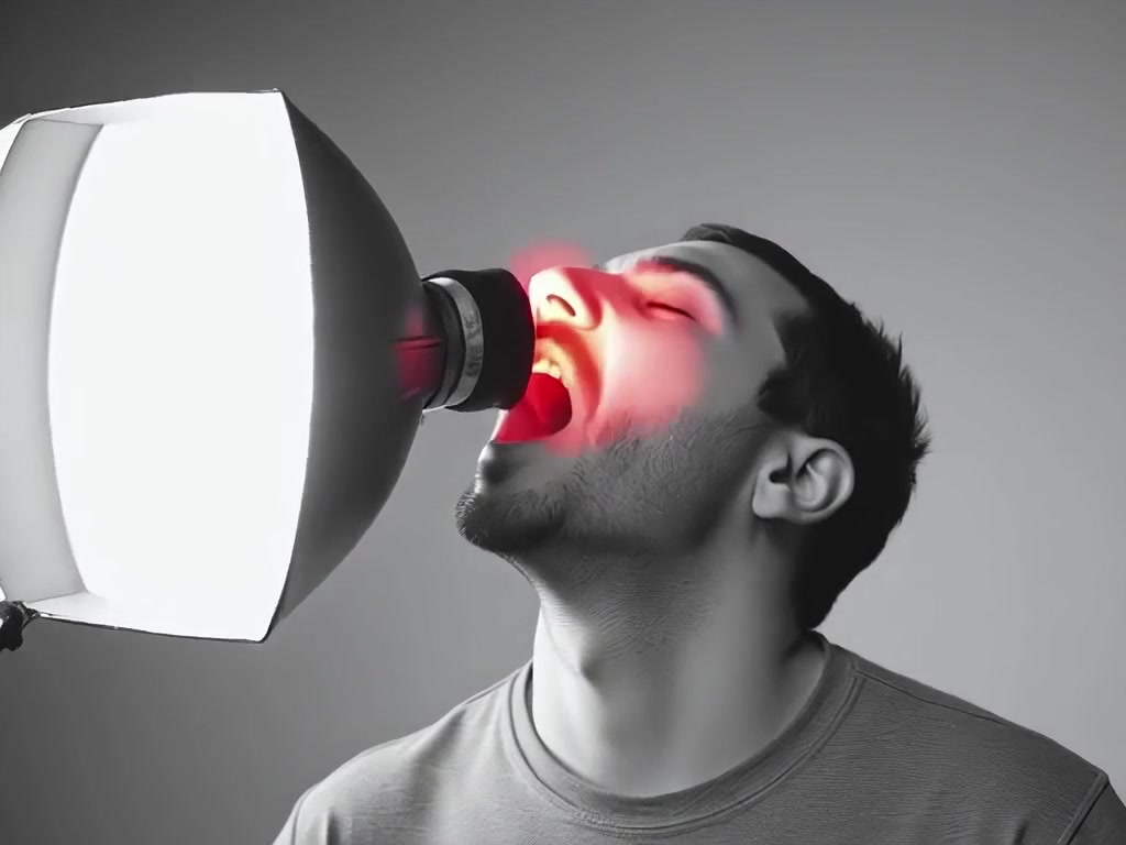 A throat lit red from inside by the softbox.